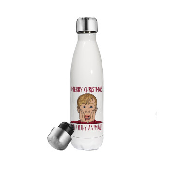 home alone, Merry Christmas ya filthy animal, Metal mug thermos White (Stainless steel), double wall, 500ml