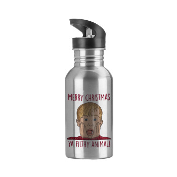home alone, Merry Christmas ya filthy animal, Water bottle Silver with straw, stainless steel 600ml
