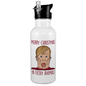 home alone, Merry Christmas ya filthy animal, White water bottle with straw, stainless steel 600ml