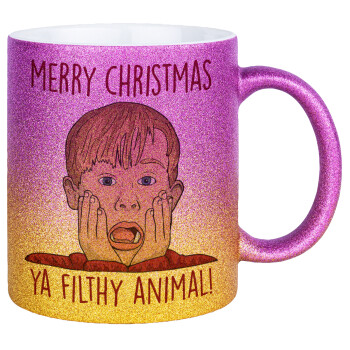 home alone, Merry Christmas ya filthy animal, Κούπα Χρυσή/Ροζ Glitter, κεραμική, 330ml