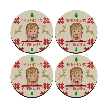 home alone, Merry Christmas ya filthy animal, SET of 4 round wooden coasters (9cm)