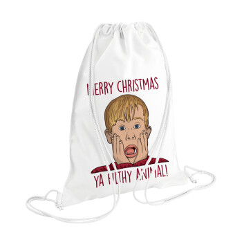 home alone, Merry Christmas ya filthy animal, Backpack pouch GYMBAG white (28x40cm)