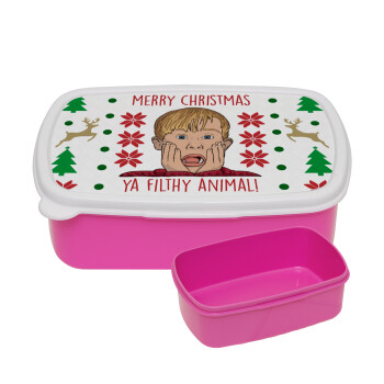 home alone, Merry Christmas ya filthy animal, ΡΟΖ παιδικό δοχείο φαγητού (lunchbox) πλαστικό (BPA-FREE) Lunch Βox M18 x Π13 x Υ6cm