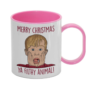 home alone, Merry Christmas ya filthy animal, Κούπα (πλαστική) (BPA-FREE) Polymer Ροζ για παιδιά, 330ml