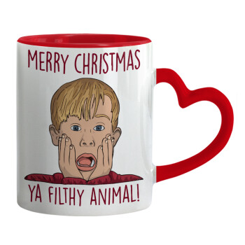 home alone, Merry Christmas ya filthy animal, Mug heart red handle, ceramic, 330ml
