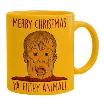 home alone, Merry Christmas ya filthy animal, Ceramic coffee mug yellow, 330ml (1pcs)