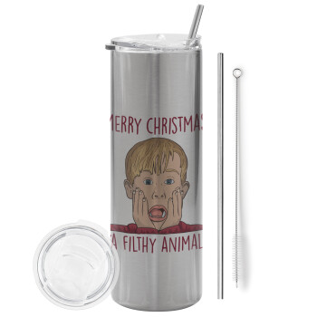 home alone, Merry Christmas ya filthy animal, Eco friendly stainless steel Silver tumbler 600ml, with metal straw & cleaning brush