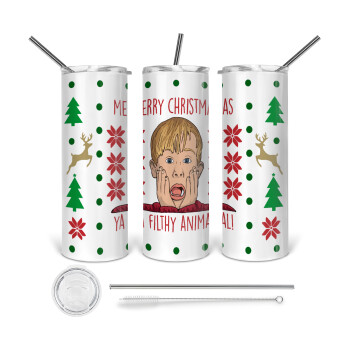 home alone, Merry Christmas ya filthy animal, Tumbler ποτήρι θερμό από ανοξείδωτο ατσάλι 600ml, με μεταλλικό καλαμάκι & βούρτσα καθαρισμού