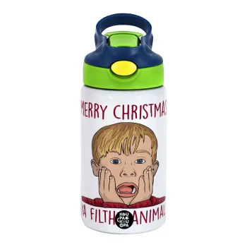 home alone, Merry Christmas ya filthy animal, Children's hot water bottle, stainless steel, with safety straw, green, blue (350ml)