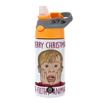home alone, Merry Christmas ya filthy animal, Children's hot water bottle, stainless steel, with safety straw, Orange/Grey (360ml) BPA-FREE