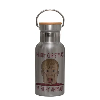 home alone, Merry Christmas ya filthy animal, Stainless steel metallic thermos flask, silver with a bamboo lid, double-walled, 350ml.