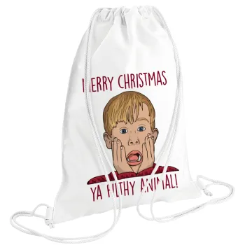 home alone, Merry Christmas ya filthy animal, Backpack pouch GYMBAG white (28x40cm)