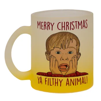 home alone, Merry Christmas ya filthy animal, Κούπα γυάλινη δίχρωμη με βάση το κίτρινο ματ, 330ml