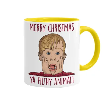 home alone, Merry Christmas ya filthy animal, Κούπα χρωματιστή κίτρινη, κεραμική, 330ml