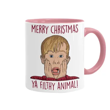 home alone, Merry Christmas ya filthy animal, Κούπα χρωματιστή ροζ, κεραμική, 330ml