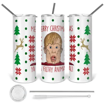 home alone, Merry Christmas ya filthy animal, Tumbler ποτήρι θερμό από ανοξείδωτο ατσάλι 600ml, με μεταλλικό καλαμάκι & βούρτσα καθαρισμού