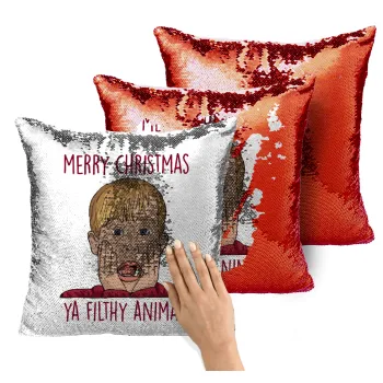 home alone, Merry Christmas ya filthy animal, Μαξιλάρι καναπέ Μαγικό Κόκκινο με πούλιες 40x40cm περιέχεται το γέμισμα