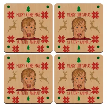 home alone, Merry Christmas ya filthy animal, ΣΕΤ x4 Σουβέρ ξύλινα τετράγωνα plywood (9cm)