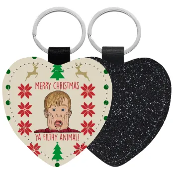 home alone, Merry Christmas ya filthy animal, Μπρελόκ PU δερμάτινο glitter καρδιά ΜΑΥΡΟ