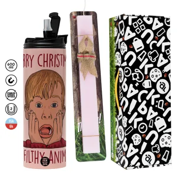 home alone, Merry Christmas ya filthy animal, Πασχαλινή Λαμπάδα με  ΡΟΖ Travel Tumbler θερμό (600ml, BPA free) & κερί αρωματικό πλακέ (30cm) (ΡΟΖ)