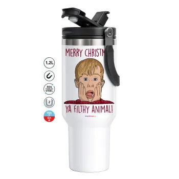 home alone, Merry Christmas ya filthy animal, Mega Tumbler με καπάκι, διπλού τοιχώματος (θερμό) 1,2L