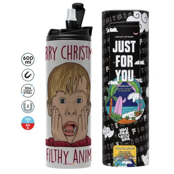 home alone, Merry Christmas ya filthy animal, Tumbler ποτήρι θερμό ΓΚΡΙ από ανοξείδωτο ατσάλι 600ml