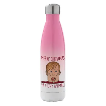 home alone, Merry Christmas ya filthy animal, Μεταλλικό παγούρι θερμός Ροζ/Λευκό (Stainless steel), διπλού τοιχώματος, 500ml