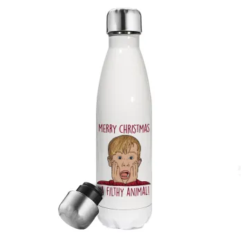 home alone, Merry Christmas ya filthy animal, Metal mug thermos White (Stainless steel), double wall, 500ml