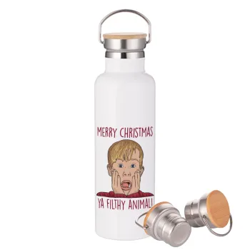 home alone, Merry Christmas ya filthy animal, Stainless steel White with wooden lid (bamboo), double wall, 750ml