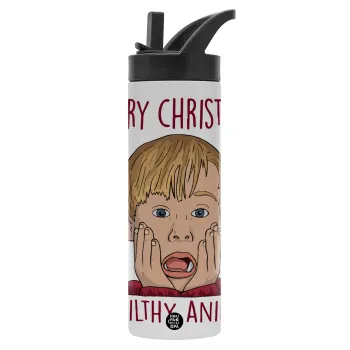 home alone, Merry Christmas ya filthy animal, Μεταλλικό παγούρι θερμός με καλαμάκι & χειρολαβή, ανοξείδωτο ατσάλι (Stainless steel 304), διπλού τοιχώματος, 600ml