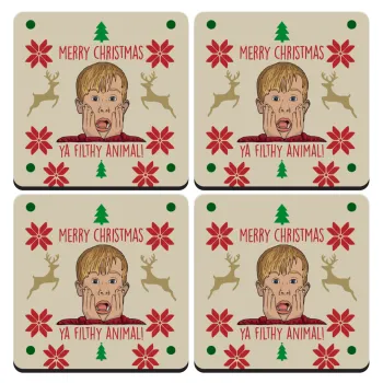 home alone, Merry Christmas ya filthy animal, ΣΕΤ 4 Σουβέρ ξύλινα τετράγωνα (9cm)