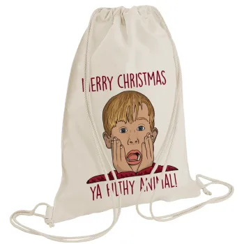 home alone, Merry Christmas ya filthy animal, Τσάντα πλάτης πουγκί GYMBAG natural (28x40cm)