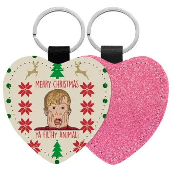 home alone, Merry Christmas ya filthy animal, Μπρελόκ PU δερμάτινο glitter καρδιά ΡΟΖ