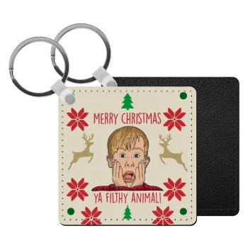 home alone, Merry Christmas ya filthy animal, Μπρελόκ Δερματίνη, τετράγωνο ΜΑΥΡΟ (5x5cm)