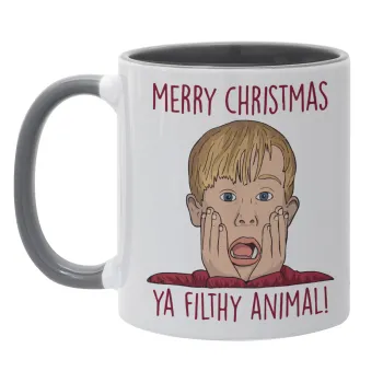 home alone, Merry Christmas ya filthy animal, Κούπα χρωματιστή γκρι, κεραμική, 330ml