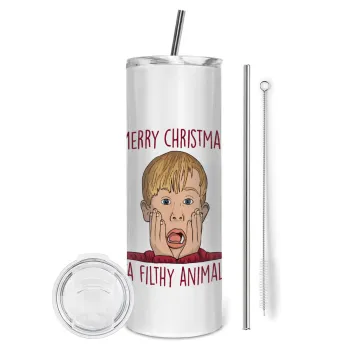 home alone, Merry Christmas ya filthy animal, Tumbler ποτήρι θερμό από ανοξείδωτο ατσάλι 600ml, με μεταλλικό καλαμάκι & βούρτσα καθαρισμού