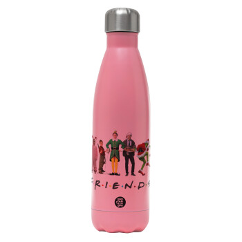 Christmas FRIENDS, Μεταλλικό παγούρι θερμός Ροζ Ματ (Stainless steel), διπλού τοιχώματος, 500ml