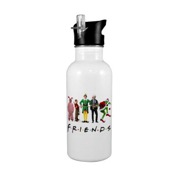 Christmas FRIENDS, White water bottle with straw, stainless steel 600ml
