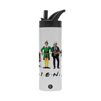 Christmas FRIENDS, Μεταλλικό παγούρι θερμός με καλαμάκι & χειρολαβή, ανοξείδωτο ατσάλι (Stainless steel 304), διπλού τοιχώματος, 600ml