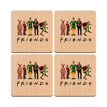 Christmas FRIENDS, ΣΕΤ x4 Σουβέρ ξύλινα τετράγωνα plywood (9cm)