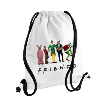 Christmas FRIENDS, Τσάντα πλάτης πουγκί GYMBAG λευκή, με τσέπη (40x48cm) & χονδρά κορδόνια