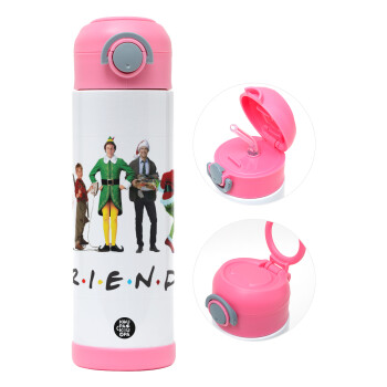 Christmas FRIENDS, Children's hot water bottle, stainless steel, with safety straw, PINK (500ml)