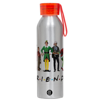 Christmas FRIENDS, Αλουμινένιο Αθλητικό Μπουκάλι 650ml – Ασημί με Κόκκινο Καπάκι και Λουράκι Σιλικόνης
