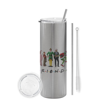 Christmas FRIENDS, Eco friendly stainless steel Silver tumbler 600ml, with metal straw & cleaning brush