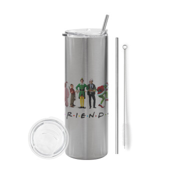 Christmas FRIENDS, Tumbler stainless steel Silver 600ml, with metal straw & cleaning brush