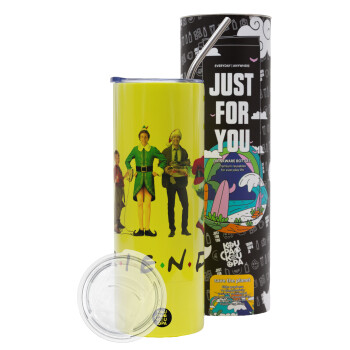 Christmas FRIENDS, Neon Yellow Travel Tumbler θερμό, μεταλλικό καλαμάκι(Ανωξείδωτο 304 Food grade, BPA free, 600ml)