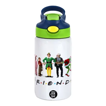 Christmas FRIENDS, Children's hot water bottle, stainless steel, with safety straw, green, blue (350ml)