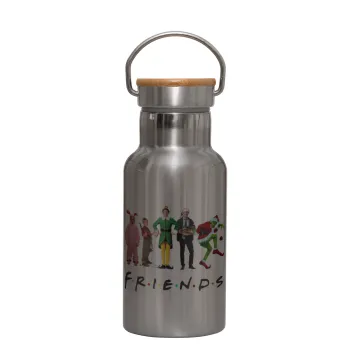 Christmas FRIENDS, Stainless steel metallic thermos flask, silver with a bamboo lid, double-walled, 350ml.