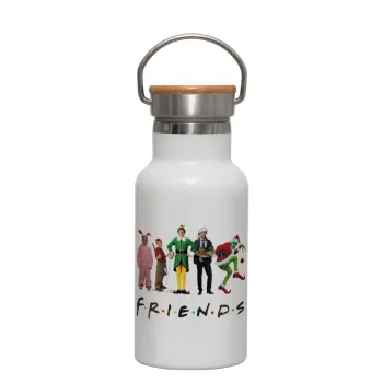 Christmas FRIENDS, Metallic thermos (Stainless steel) White with wooden lid (bamboo), double-walled, 350ml
