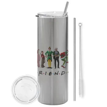 Christmas FRIENDS, Tumbler stainless steel Silver 600ml, with metal straw & cleaning brush